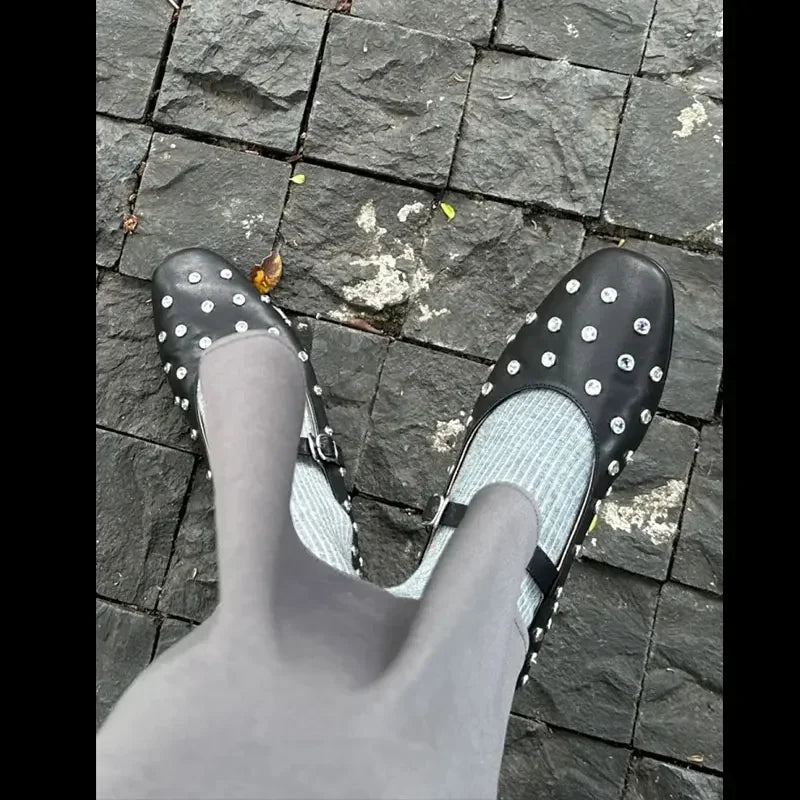 LBSFY  -  Fashionable Diamond Studded Women's Mary Jane Ballet Shoes 2025 Spring Shoes Casual Soft Leather Comfortable Flat Ballet Shoes