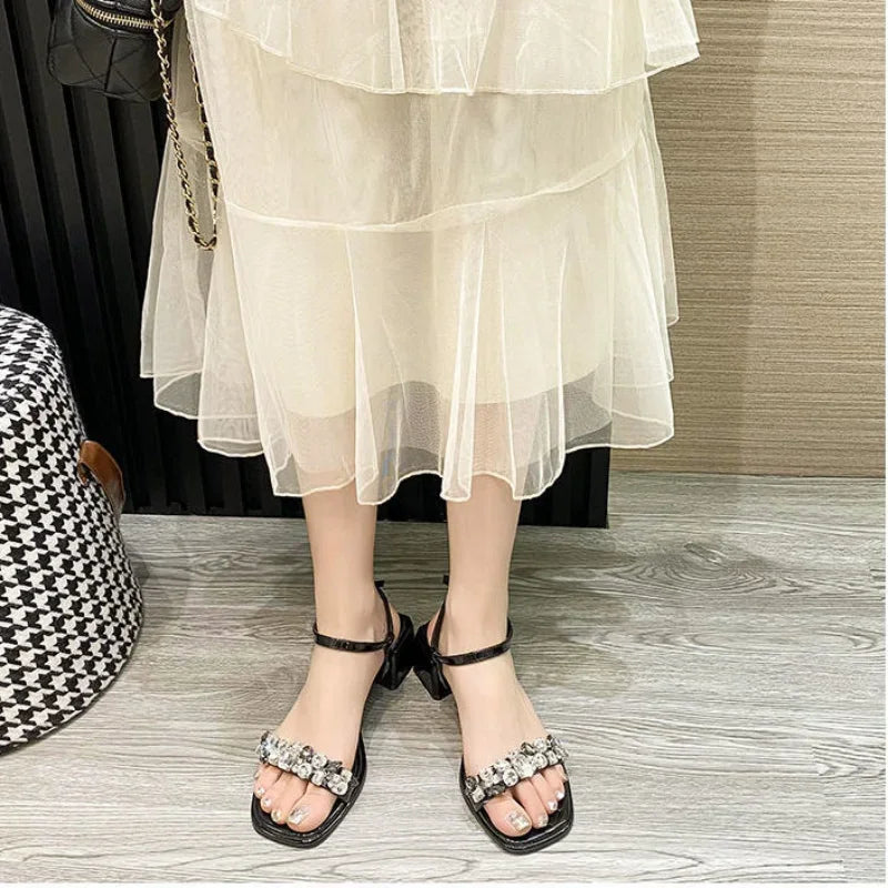 LBSFY  -  Ladies Shoes Square Heels Summer 2024 Diamond Footwear Beige Sandals for Women Rhinestones Medium One Word Asian Size F Korea