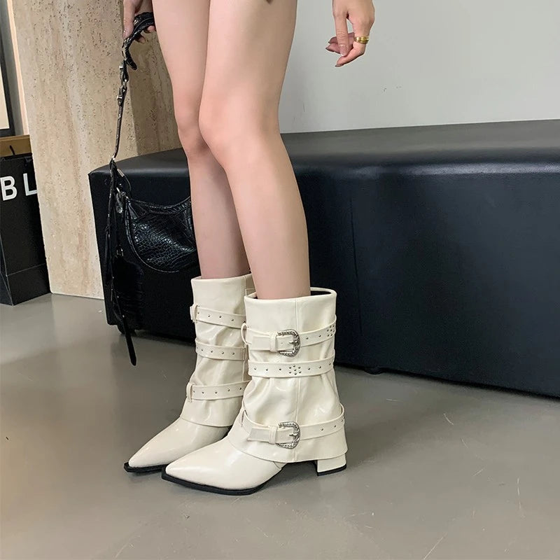 LBSFY -Biker Boots for Women Buckle Knee High Boots Pointed Toe Punk Motorcycle Goth Fashion Boots Winter Shoes Street Boot