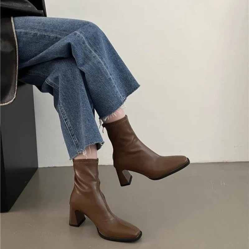 LBSFY -New Style Fashion Women's Autumn Cow Leather Retro Square Toe Zipper High Heels Ankle Boots Square Heel All Match Women Shoes