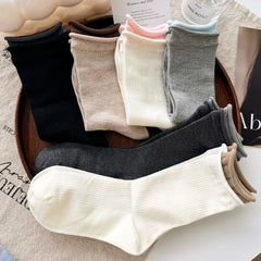 Lbsfy Autumn Winter Women's Tube Pile Socks Pure Cotton Double-layer Rolled Edge Y2K Trendy Sock Vertical Striped Cotton Female Socks