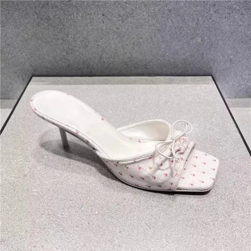 LBSFY -Summer 2025 New Comfortable Low Heel Square Head Sandals Sweet Bow Silk Thick Heel Slippers for Ladies Outwear Blue Slides