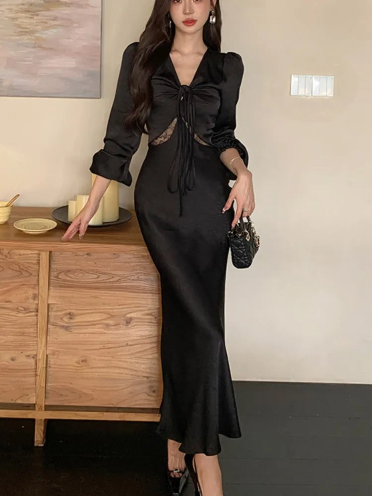 LBSFY -Autumn Satin Long Dresses for Women Long Sleeve Slim Mermaid Dress Vintage Solid Wedding Party Prom Robe Lace Up Vestidos Mujer