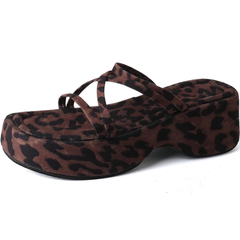 LBSFY  -  Summer Chunky Women Slippers Fashion Narrow Band Platform Flats Slides Ladies Casual Leopard Print Dress Shoes