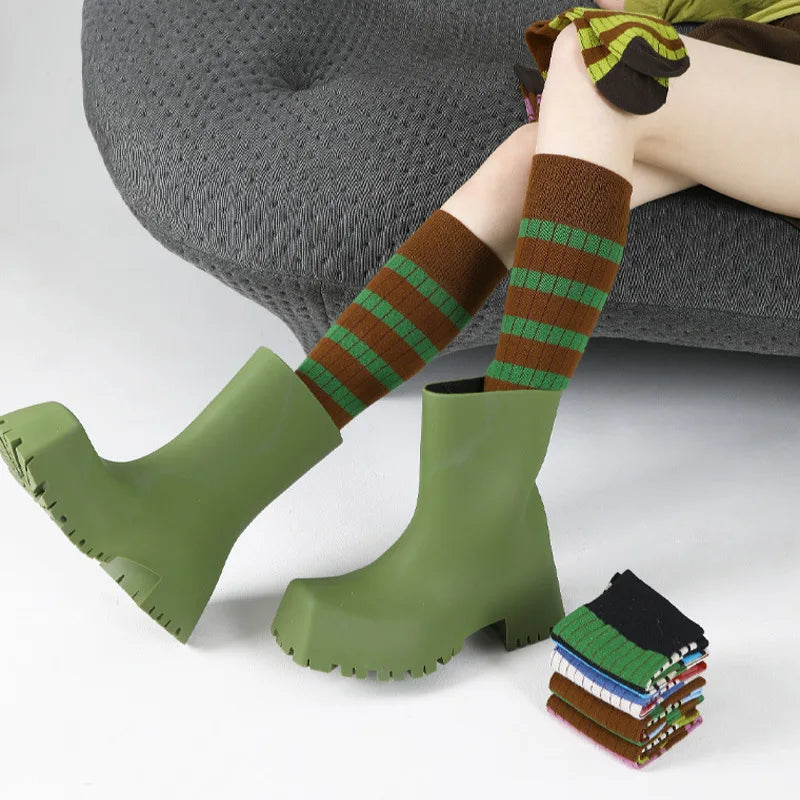 Lbsfy Women Winter Knee-high Stockings Fashion Colorful Stripes Long Sock Female Sports Cotton Stocking Japanese Student Socks Woman