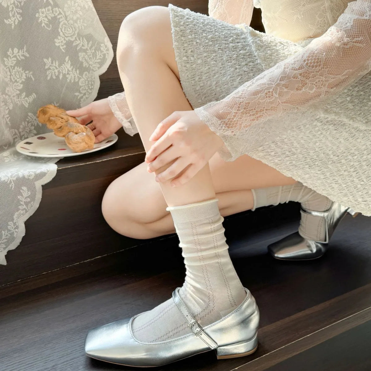 Lbsfy Women's Mid-tube Socks White Socks Summer New Hollow Cotton Cute Argyle Stripe Lolita Thin Lacesocks Breathable  Stockings