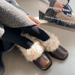 LBSFY  -  Fashion Pumps New High Quality Genuine Leather Wool Shoes Square Head High Heel Leather Shoes Winter Warm Shoes Women