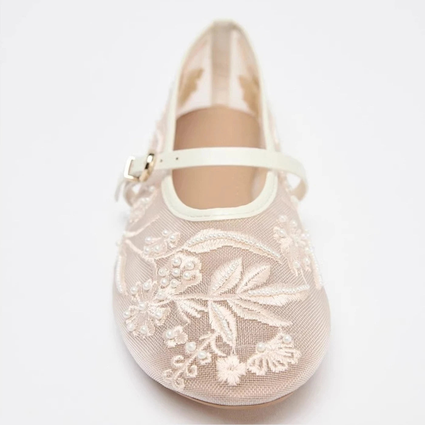 LBSFY -Spring Design Embroidery Flowers Pearl Mesh Round Tor Ballet Flats Woman Loafers Buckle Strap Ladies Mary Jane Shoe Mules Sandal