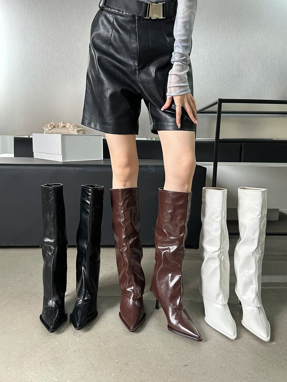 LBSFY  -  Pointed Toe Women Knee High Boots Black White Brown Shallow Slip On Thin High Heels Stiletto Party Pumps Shoes Woman Size 35-40