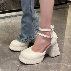 LBSFY  -  Fluffy Fur High Heels Pumps Women 2024 Spring Ankle Straps Red Mary Jane Shoes Woman Chunky Platform Thick Heeled Party Shoes