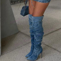 LBSFY  -  Blue Denim Over The Knee Boots Pointed Toe Shoes for Women Stilettos High Heels Sexy Lady Party Shoes 2024 Zapatos Para Mujere