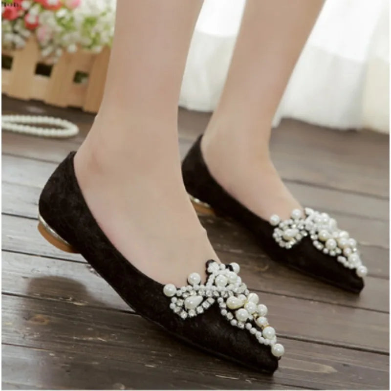 LBSFY -New Crown Pearl soft Flats Wedding Shoes Pointed Toe Women Dress Moccasins Low Pearl Heel Ladies Fashion Luxury plus size 43