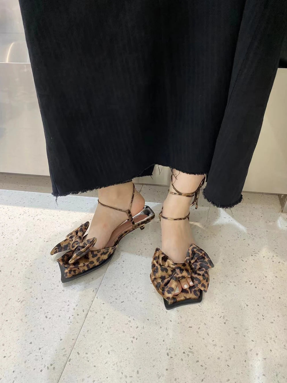 LBSFY  -  Fashion Women Sandals Bow Design Summer Dress Shoes Thin Mid Heels Black Leopard Cross Tied Lace Up Sexy Party Pumps Shoes Woman