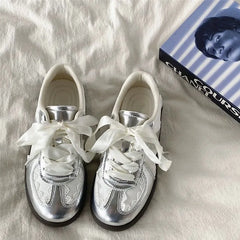 LBSFY -Lace Silver German Training Shoes Women's Retro Casual Sports Board Shoes Versatile Flat Lace Edge Breathable Board Shoes