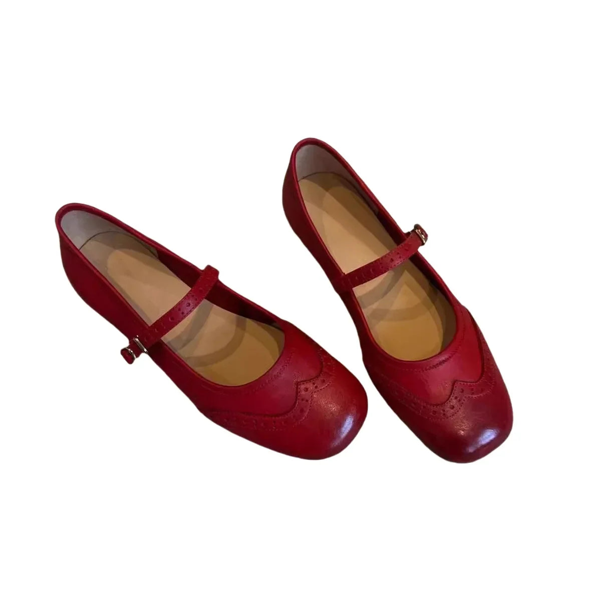 LBSFY -Retro Flat Bottom Mary Jane Shoes Spring Summer New Style Red Slip-On Women's Flats round Toe Low Heel Floral Patterned Pumps