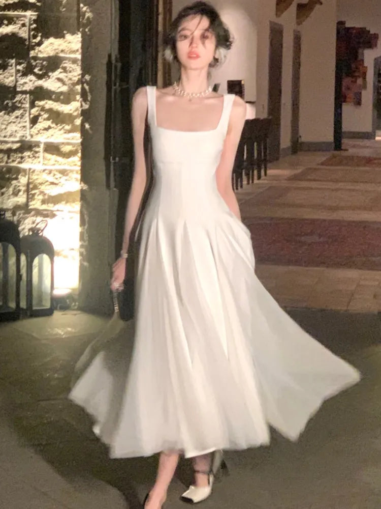 LBSFY -White Elegant Fairy French Sling Dress For Woman Summer Mesh Ball Gown Square-Collar Slim Fit Skirt Party Evening Dress 2025