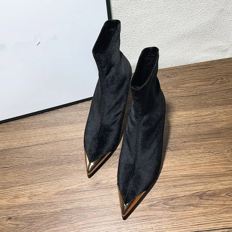 LBSFY -New Style Women's Concise Black Women Ankle Boots Pointed Toe Design Metal Decoration High Stiletto Heels Shoes Zapatos Mujer