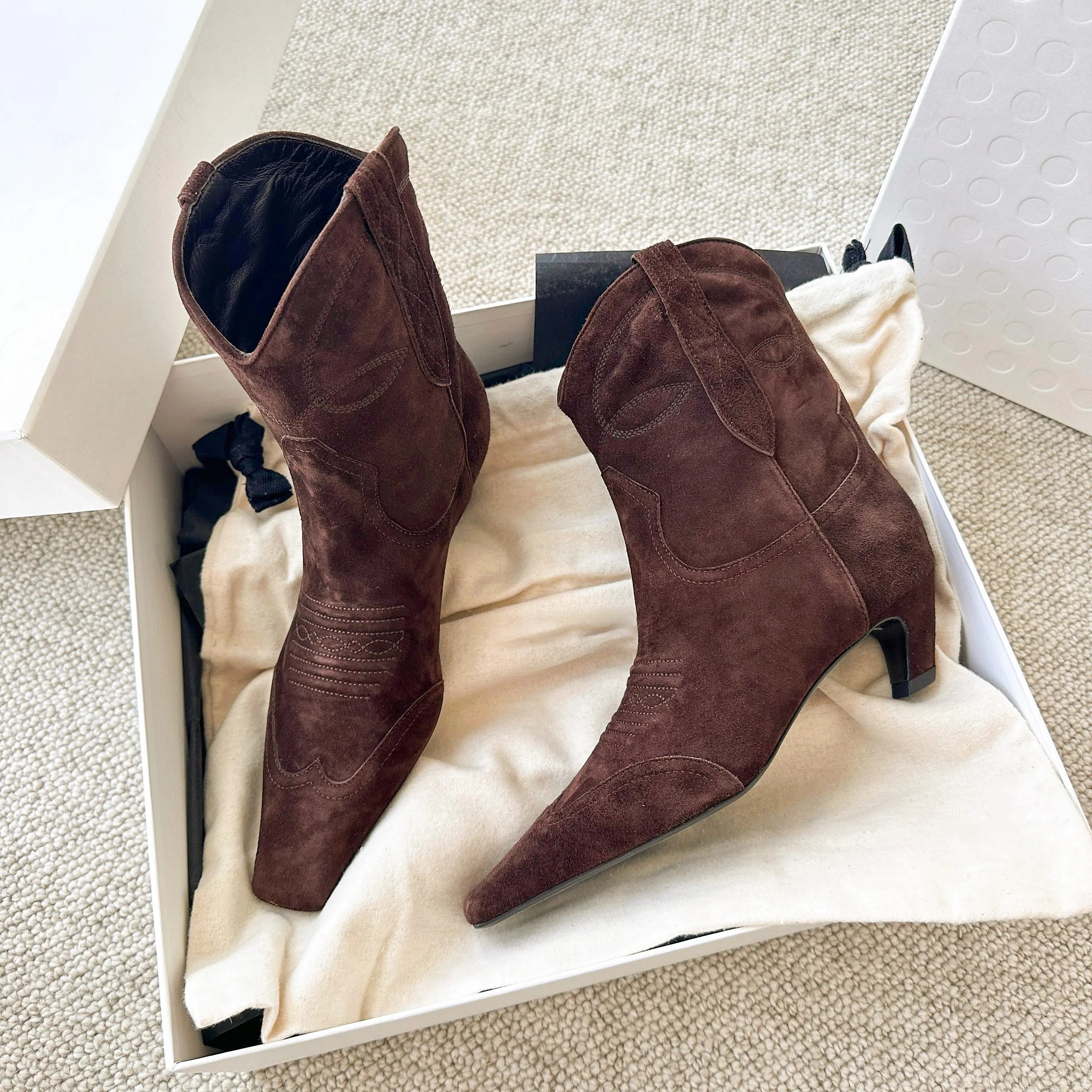 LBSFY  -  Embroidered Square Toe Cat Heel Western Cowboy Boots Woman Winter 2024 Slip-On Shaped Heel Slim Boots Fashion Shoes for Women