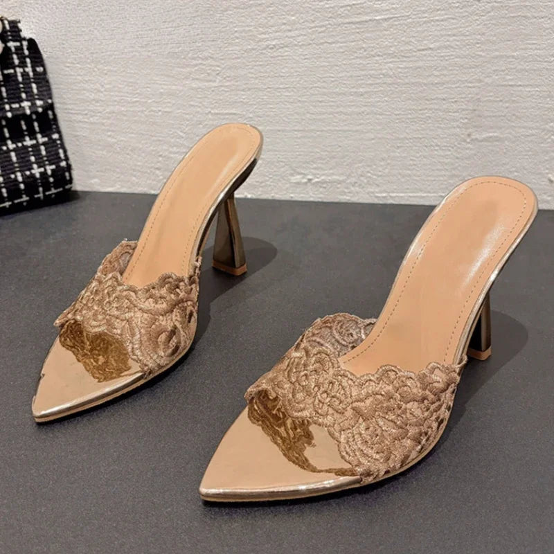 LBSFY  -  Embroidery Designer High Heels Slippers Women Sexy Pointed Toe Party Dress Shoes Summer Elegant Fashion Thin Heels Sandals Women
