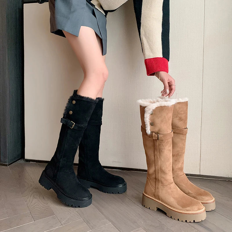 LBSFY  -  Cow Suede Leather Boots Women Slip On Wool Warm Winter Knee High Boots Handmade Ladies Platform Snow Boots Shoes