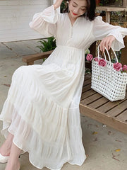 LBSFY -Elegant Princess Evening Dress for Women High Waist A-line V-Neck Autumn French Casual Prom Robe One Piece Vestidos Mujer New
