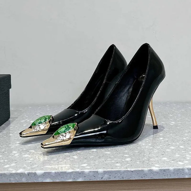 LBSFY  -  2025 New Luxury Gemstone Patent Leather Metal Square toe Women Pumps Fashion Office Thin High heels Female Party Banquet Shoes