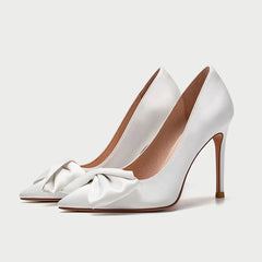 LBSFY  -  Point Toe White Bow Thin High Heel Bridal Shoes Women Size 41 To 44 Bridesmaid Wedding Shoes Female
