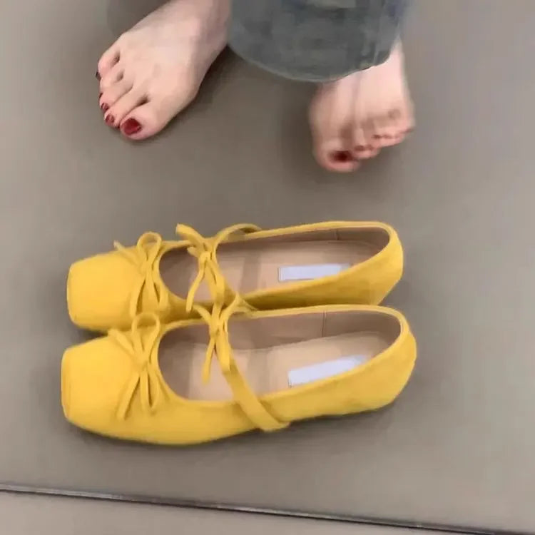 LBSFY -Version Mary Jane Ballet Flats Square Head Bow Knot French Style Low Heel Women's Casual Shoes Spring Autumn