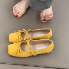 LBSFY -Version Mary Jane Ballet Flats Square Head Bow Knot French Style Low Heel Women's Casual Shoes Spring Autumn
