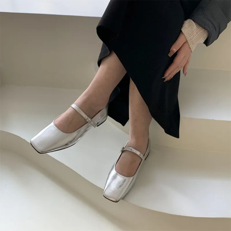 LBSFY  -  Silver Flats Ballet Shoes for Women Mary Janes Casual Shallow Slip on Pumps Sequare Toe Elegant Woman Heeled Shoes Loafers 2024