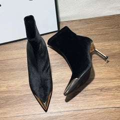 LBSFY -New Style Women's Concise Black Women Ankle Boots Pointed Toe Design Metal Decoration High Stiletto Heels Shoes Zapatos Mujer