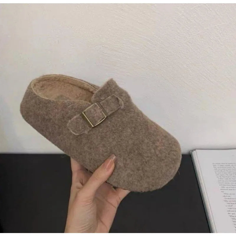 LBSFY -Fashion Women Slippers Mules Fur Women Shoes Winter Buckle Flats Platform Walking Plush Ladies Slides Casual Warm Indoor Boots