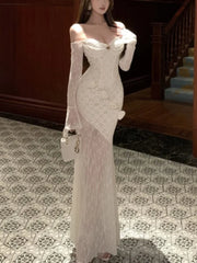 LBSFY -Sexy Elegant Slash Neck Women's Dresses Lace Patchwork Bodycon Party Off Shoulder Long Sleeves Evening Dress 2025 New Vestidos