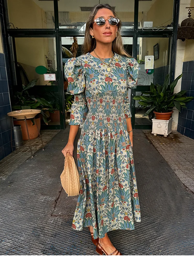 LBSFY  -  2025 Elegant Printed Pleated Hem Women's Midi Dress Fashion Puff Long Sleeves Round Collar Robe New Summer Vacation Lady Vestido