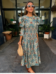 LBSFY  -  2025 Elegant Printed Pleated Hem Women's Midi Dress Fashion Puff Long Sleeves Round Collar Robe New Summer Vacation Lady Vestido