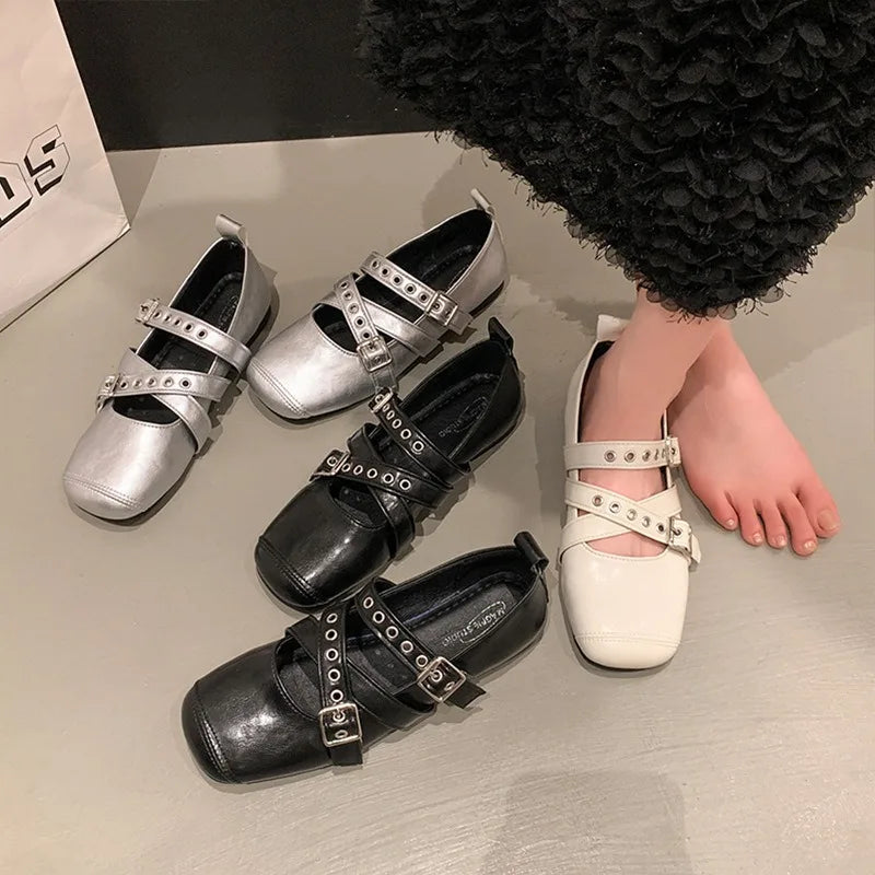 LBSFY -Designer Spring Women Mary Jane Shoes Fashion Square Toe Ladies Comfort Soft Sole Flats Women's Belt buckle Ballerinas Shoes