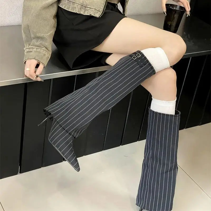 LBSFY  -   Women Knee High Boots Thin Heel Denim Point Toe Winter Retro Shoes Botas Mujer