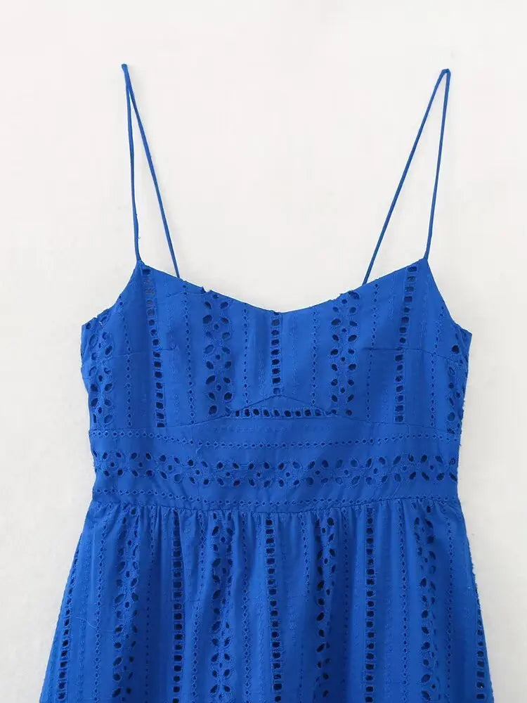 LBSFY -Fashion Hollow Out Embroider Spaghetti Strap Long Dress Blue Vaation Beach Casual Women Dress Loose Female Summer Vestidos