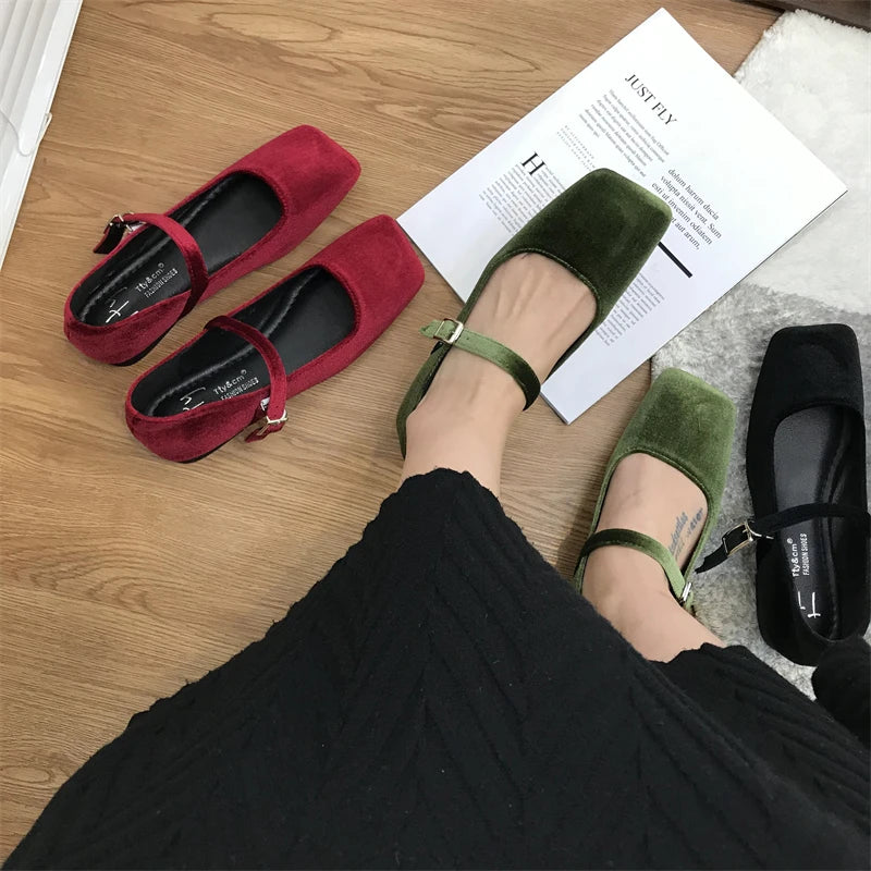 LBSFY -Fashion Women's Velvet Flats Ladies Square Toe Shallow Buckle Casual Ballet Shoes Slip-on Outdoor Mary Jane Shoes
