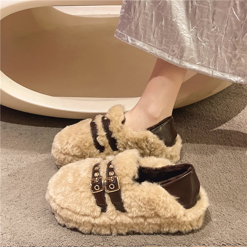 LBSFY -New Style Fashion Women Shearling Flats Furry Lambswool Mocasines Warm Cotton Shoes Ladies Slip on Sheep Fur Lined Loafers