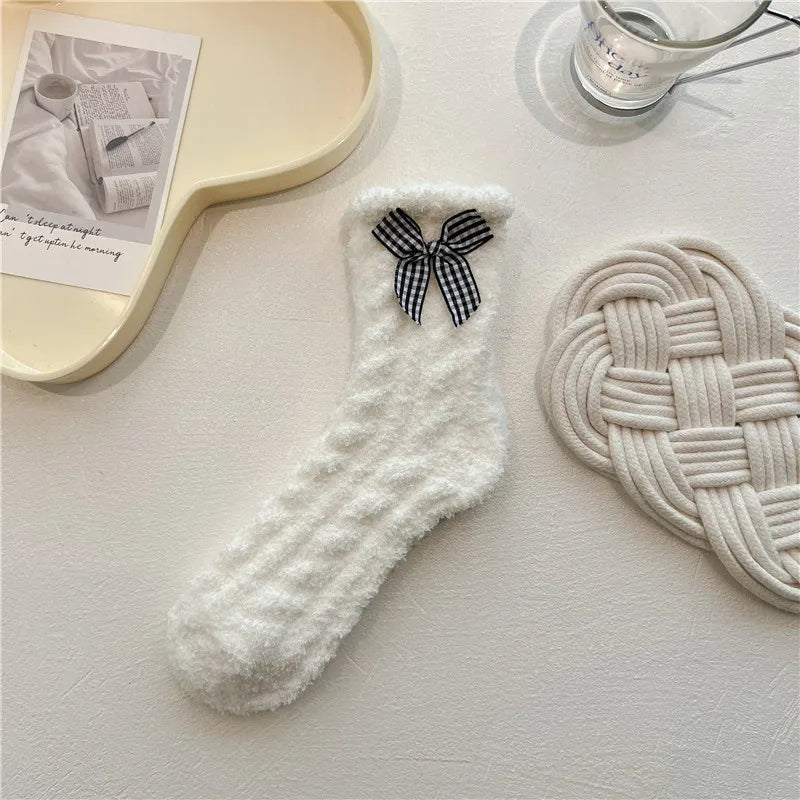 Lbsfy Women Cute Fuzzy Socks White Black  Winter Warm Fleece Kawaii Flower Bowknot Fluffy Socks Fashion Thicken Home Floor Sleep Sock