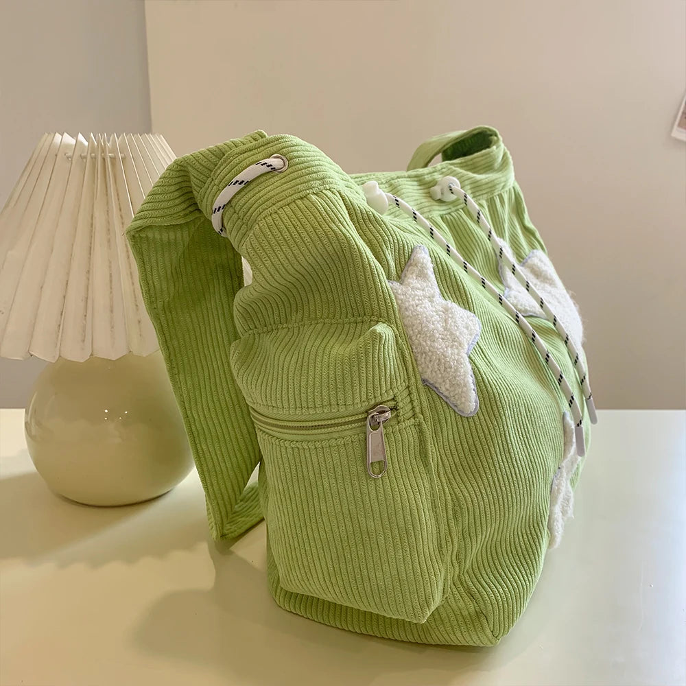 LBSFY -Large Capacity Corduroy Bag, Women's Single Shoulder Casual Five Pointed Star Crossbody Bag, Versatile Tote Bag