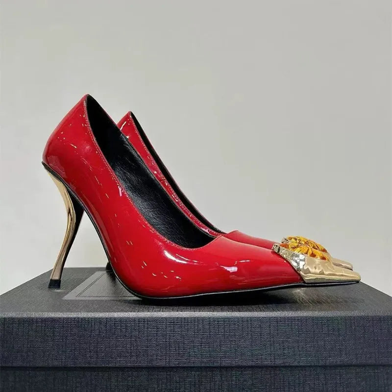 LBSFY  -  2025 New Luxury Gemstone Patent Leather Metal Square toe Women Pumps Fashion Office Thin High heels Female Party Banquet Shoes