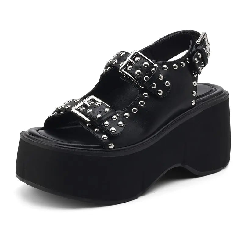 LBSFY  -  2024 New Genuine Leather Shoes Women Sandals Buckle Rivets Platform Sandals Black Ladies High Heels Summer Shoes