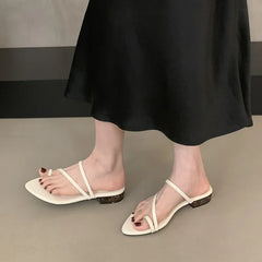 LBSFY - Summer New Brand Women Slipper Fashion Narrow Band Slip On Flip Flop Thin Low Heel Outdoor Dress Sandal Slides