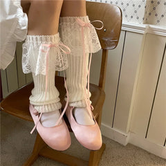 Lbsfy Japanese JK Lolita Girls Bow Streamer Leg Socks Knitted Lace Leg Cover Pile Socks Japanese Y2K Leg Warmers Accessories