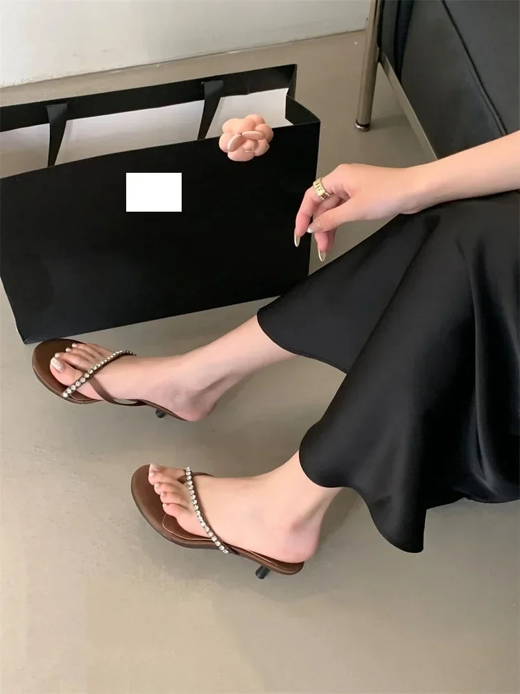 LBSFY -Summer Fashion Crystal Clip Toe Slippers Women Elegant Low Thin Heels Sandals Flip Flops Slide Shoes Zapatos De Mujer