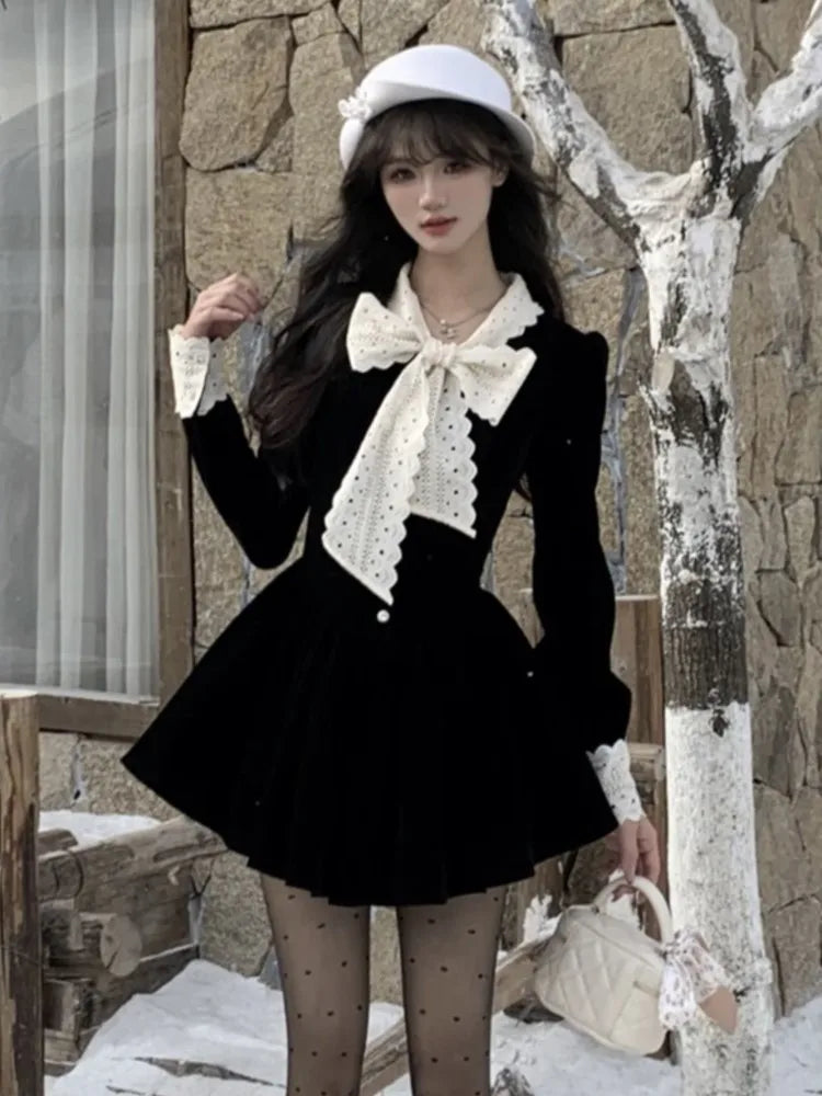 LBSFY -Autumn Velvet Mini Dress for Women French Vingate Bow Neck Lace Patchwork Evening Party Dresses Korean One Piece Vestidos Mujer