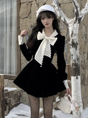 LBSFY -Autumn Velvet Mini Dress for Women French Vingate Bow Neck Lace Patchwork Evening Party Dresses Korean One Piece Vestidos Mujer