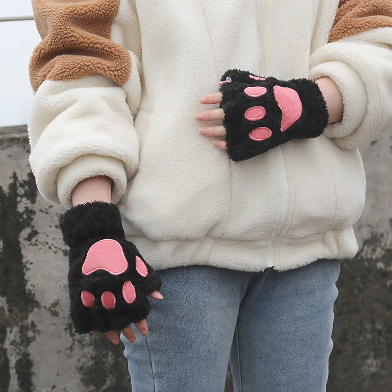 Lbsfy Cartoon Cat Paw Gloves Winter Cute Girl Open Finger Gloves Women Plush Warm Mittens Thickened Fluffy Bear Paw Half Finger Gloves